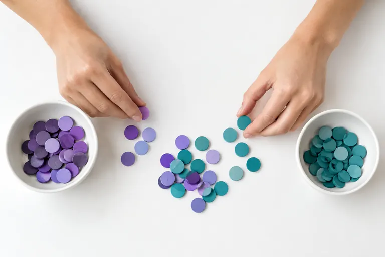 Mains triant des jetons violets et turquoise en deux groupes, marque et hors marque