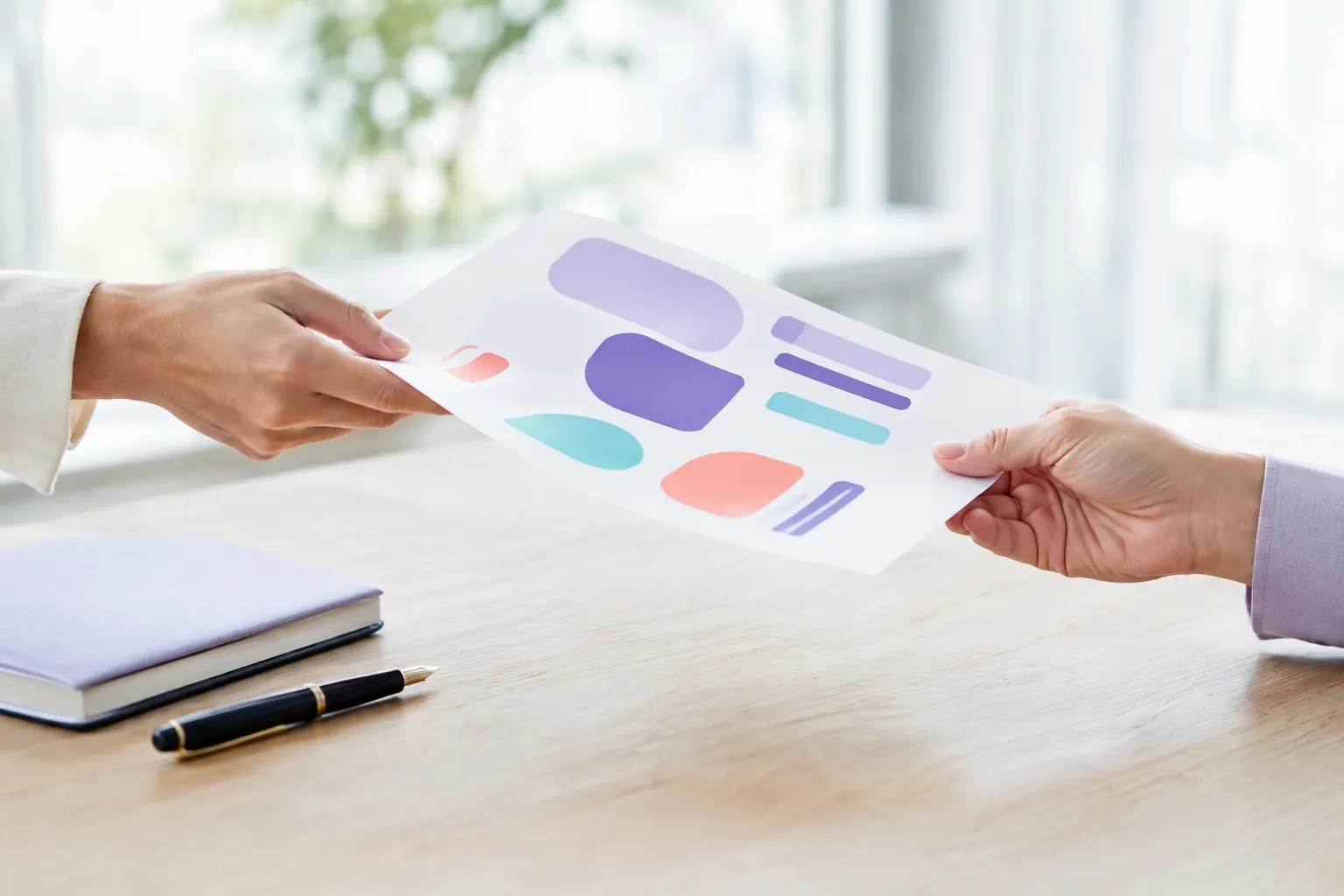 Mains se transmettant une page de reporting SEO destinée à une direction, sur une table claire